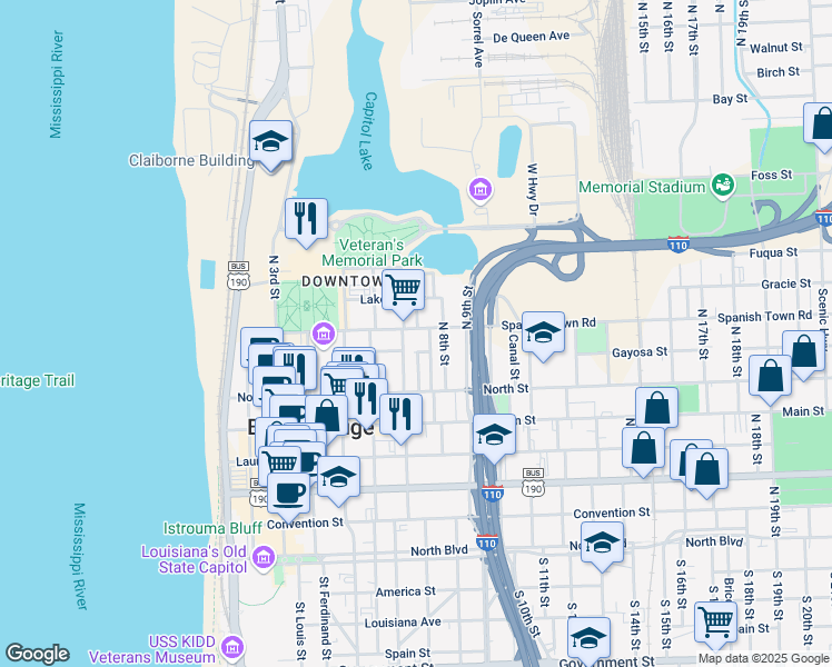 map of restaurants, bars, coffee shops, grocery stores, and more near in Baton Rouge
