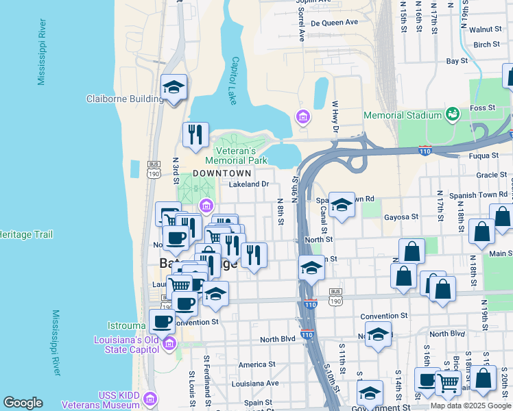 map of restaurants, bars, coffee shops, grocery stores, and more near in Baton Rouge