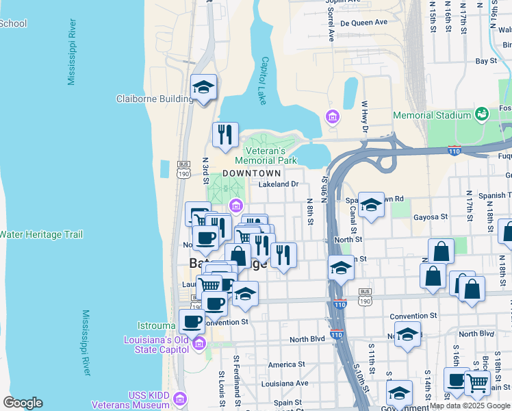 map of restaurants, bars, coffee shops, grocery stores, and more near 536 Spanish Town Road in Baton Rouge