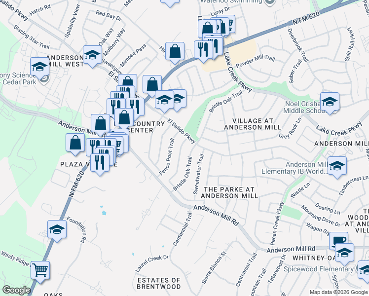 map of restaurants, bars, coffee shops, grocery stores, and more near 11440 Morning Glory Trail in Austin
