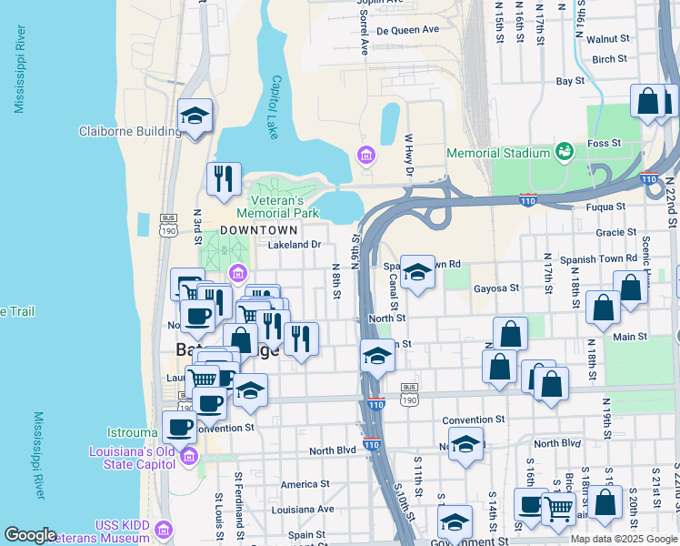 map of restaurants, bars, coffee shops, grocery stores, and more near 736 North 8th Street in Baton Rouge