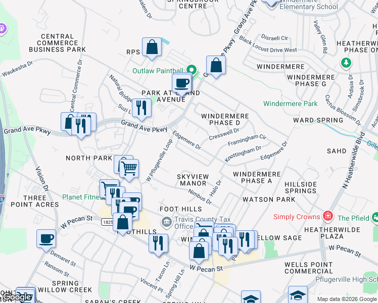 map of restaurants, bars, coffee shops, grocery stores, and more near 1206 Orchard Park Circle in Pflugerville