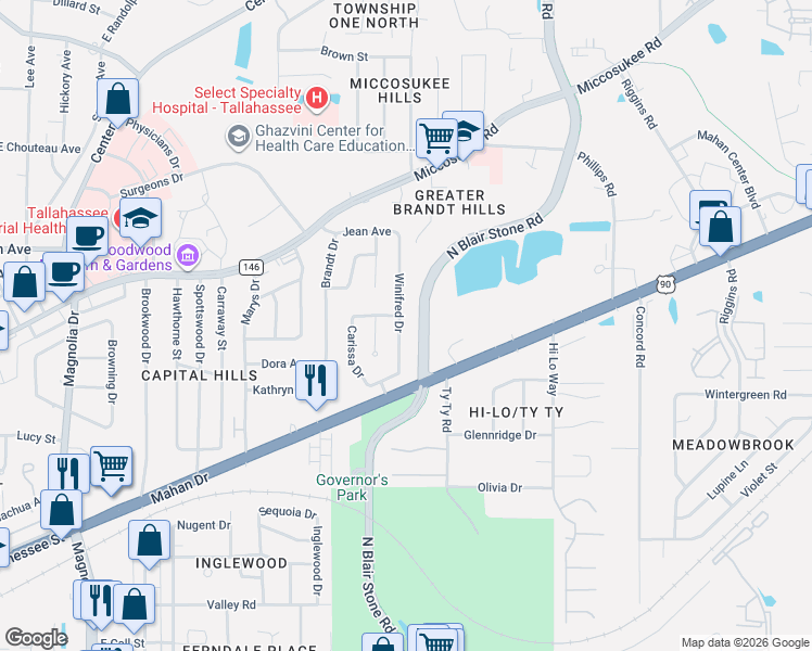 map of restaurants, bars, coffee shops, grocery stores, and more near 1129 Winifred Drive in Tallahassee