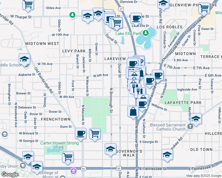 map of restaurants, bars, coffee shops, grocery stores, and more near 1124 North Bronough Street in Tallahassee
