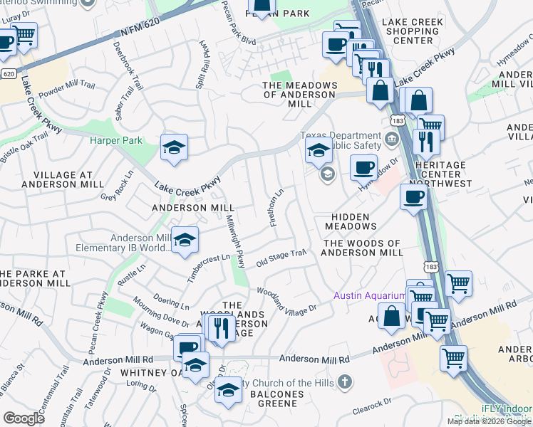 map of restaurants, bars, coffee shops, grocery stores, and more near 10420 Firethorn Lane in Austin