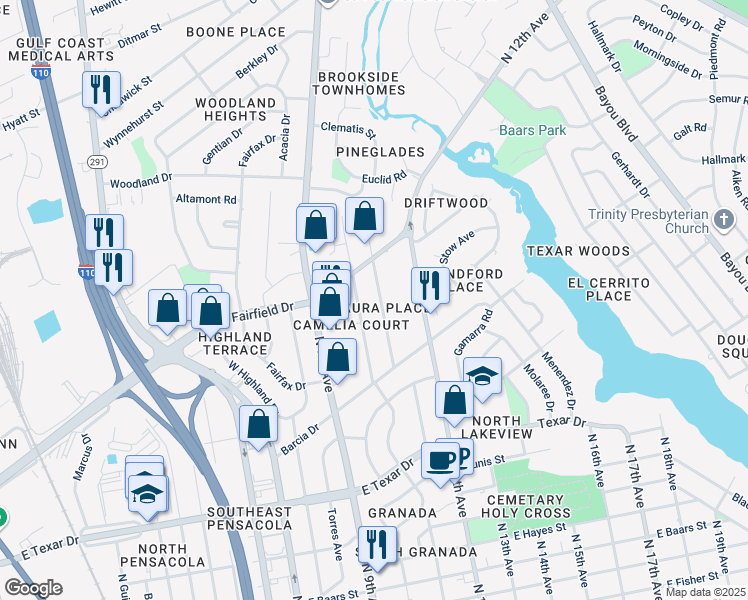 map of restaurants, bars, coffee shops, grocery stores, and more near 3825 North 11th Avenue in Pensacola