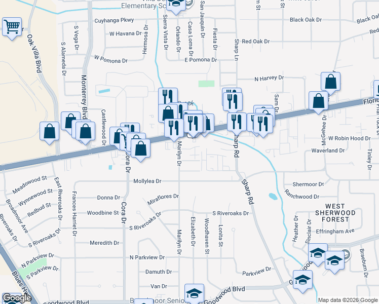 map of restaurants, bars, coffee shops, grocery stores, and more near 155 Marilyn Drive in Baton Rouge