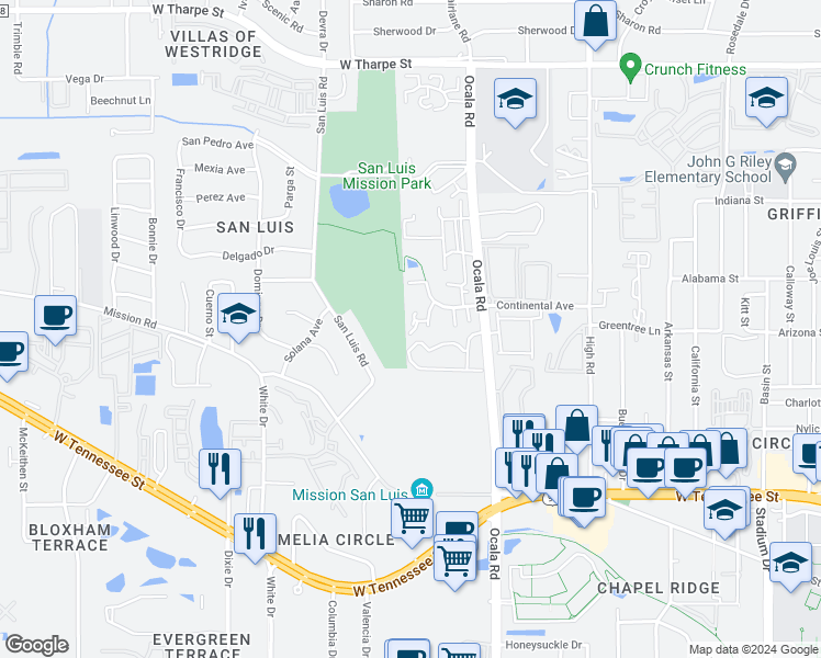 map of restaurants, bars, coffee shops, grocery stores, and more near 1206 Hidden Place in Tallahassee