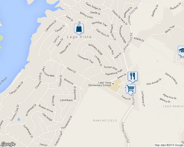 map of restaurants, bars, coffee shops, grocery stores, and more near 6000 La Mesa Street in Lago Vista