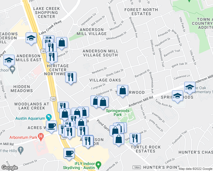 map of restaurants, bars, coffee shops, grocery stores, and more near 9411 Longvale Drive in Austin