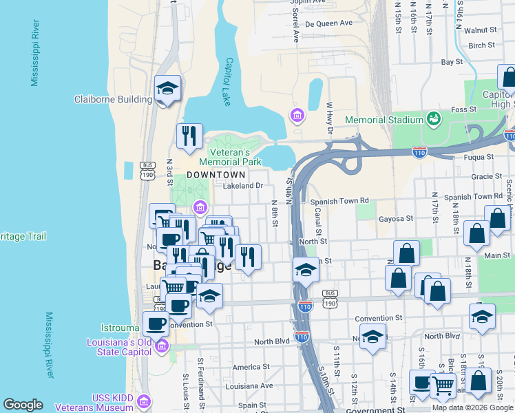 map of restaurants, bars, coffee shops, grocery stores, and more near in Baton Rouge