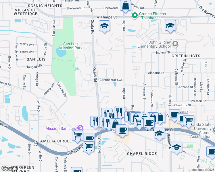 map of restaurants, bars, coffee shops, grocery stores, and more near 2035 Continental Avenue in Tallahassee