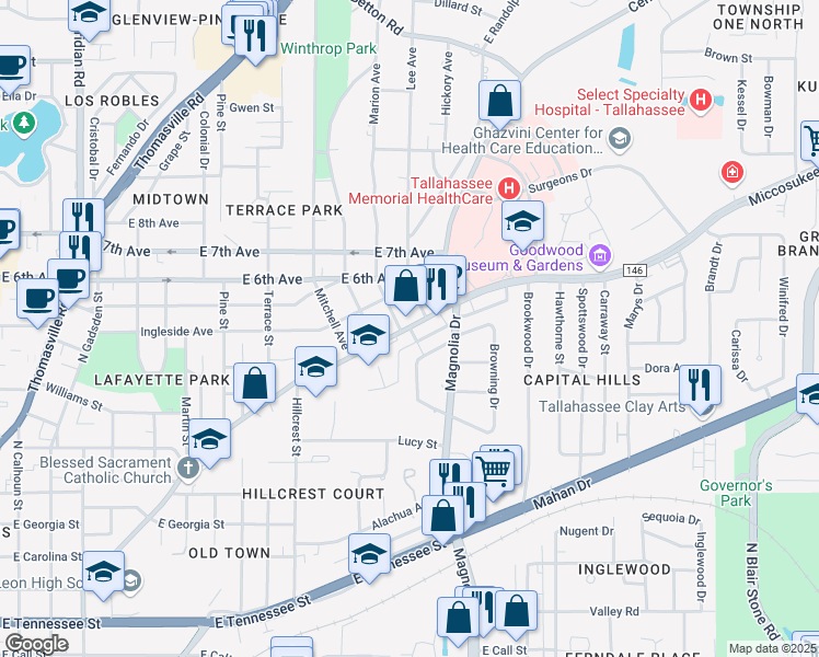 map of restaurants, bars, coffee shops, grocery stores, and more near 1211 Miccosukee Road in Tallahassee