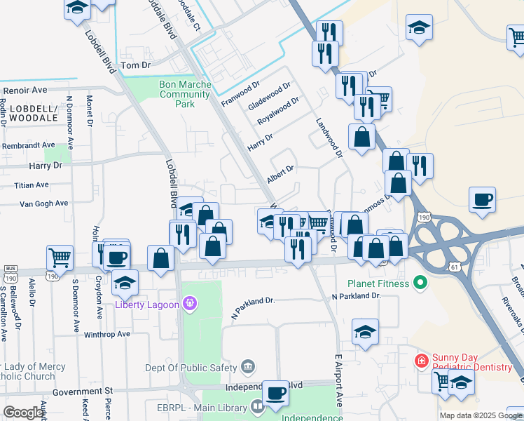 map of restaurants, bars, coffee shops, grocery stores, and more near 475 Wooddale Boulevard in Baton Rouge