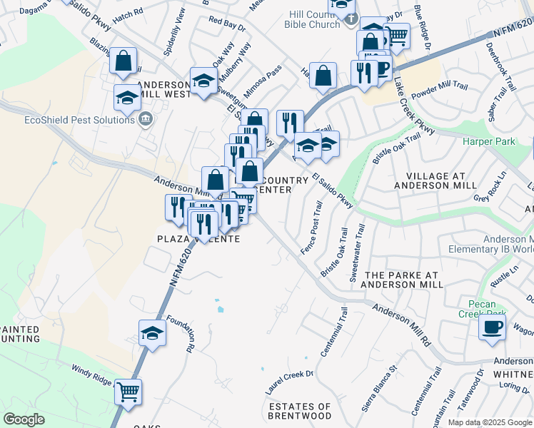 map of restaurants, bars, coffee shops, grocery stores, and more near 11624 Anderson Mill Road in Austin
