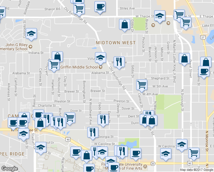 map of restaurants, bars, coffee shops, grocery stores, and more near 1116 Bennett Street in Tallahassee