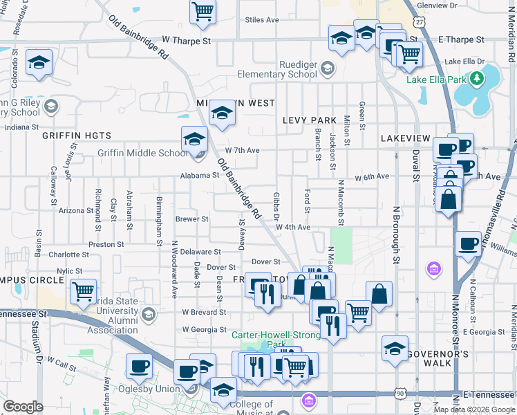 map of restaurants, bars, coffee shops, grocery stores, and more near 661 West 5th Avenue in Tallahassee