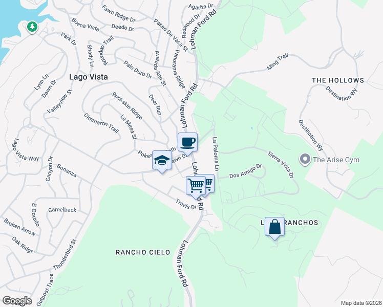 map of restaurants, bars, coffee shops, grocery stores, and more near in Lago Vista
