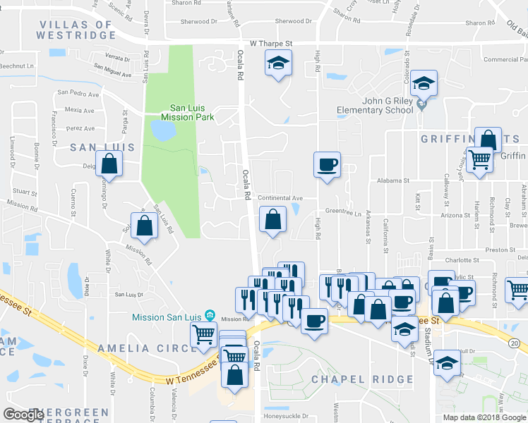 map of restaurants, bars, coffee shops, grocery stores, and more near 2093 Continental Avenue in Tallahassee