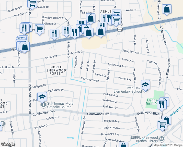 map of restaurants, bars, coffee shops, grocery stores, and more near 12322 Parnell Drive in Baton Rouge