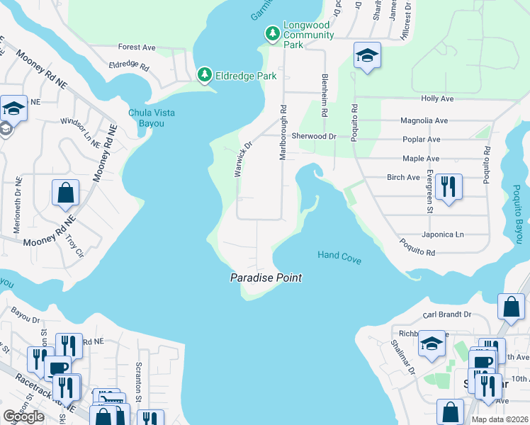 map of restaurants, bars, coffee shops, grocery stores, and more near 6 Wimbledon Way in Shalimar