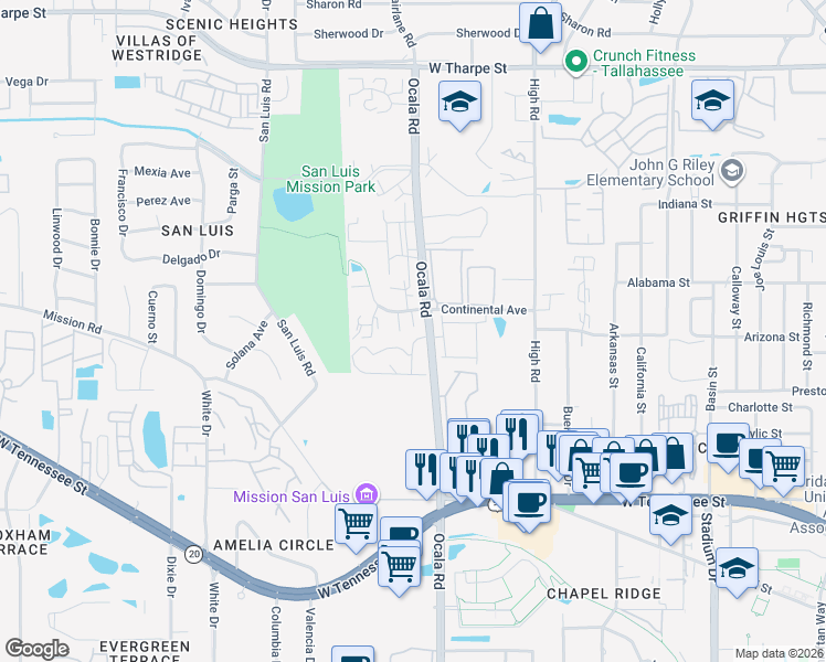 map of restaurants, bars, coffee shops, grocery stores, and more near 1235 Continental Court in Tallahassee
