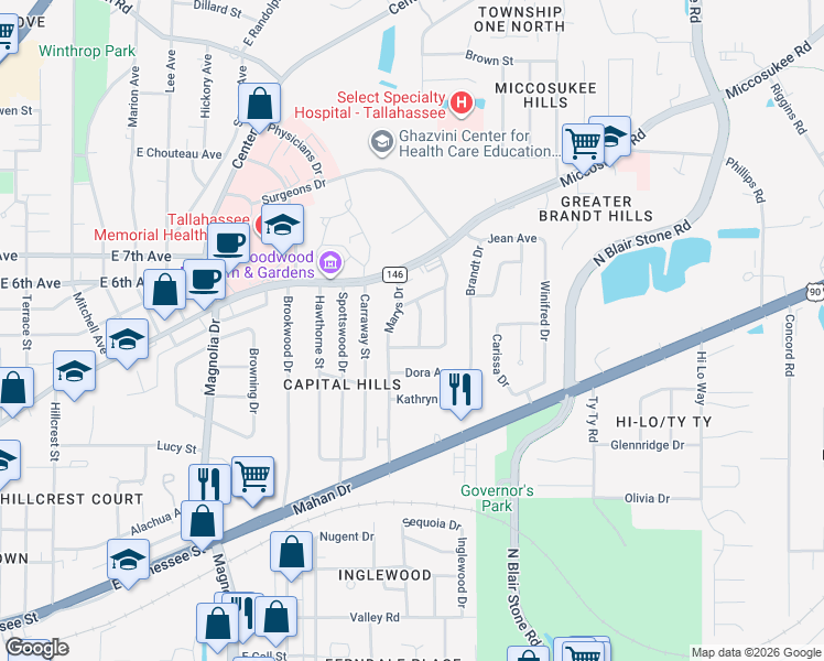 map of restaurants, bars, coffee shops, grocery stores, and more near 1708 Belvedere Street in Tallahassee