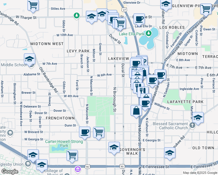 map of restaurants, bars, coffee shops, grocery stores, and more near 1124 North Bronough Street in Tallahassee