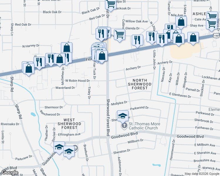 map of restaurants, bars, coffee shops, grocery stores, and more near 425 Sherwood Forest Boulevard in Baton Rouge