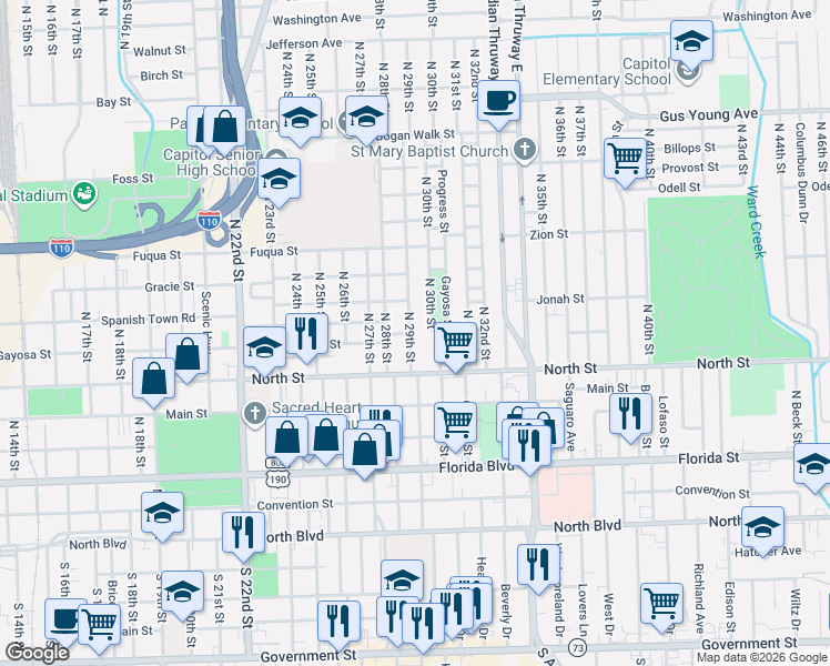 map of restaurants, bars, coffee shops, grocery stores, and more near 693 North 29th Street in Baton Rouge