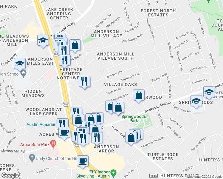 map of restaurants, bars, coffee shops, grocery stores, and more near 9502 Longvale Drive in Austin