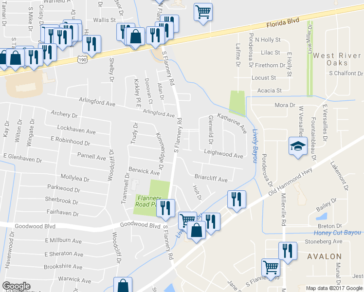 map of restaurants, bars, coffee shops, grocery stores, and more near 13513 Ashby Avenue in Baton Rouge
