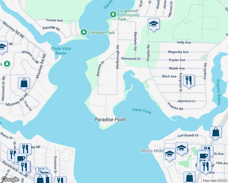 map of restaurants, bars, coffee shops, grocery stores, and more near 8 Wimbledon Way in Shalimar