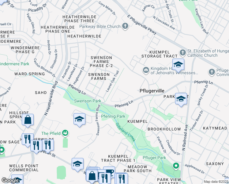 map of restaurants, bars, coffee shops, grocery stores, and more near 1202 Warm Springs Drive in Pflugerville