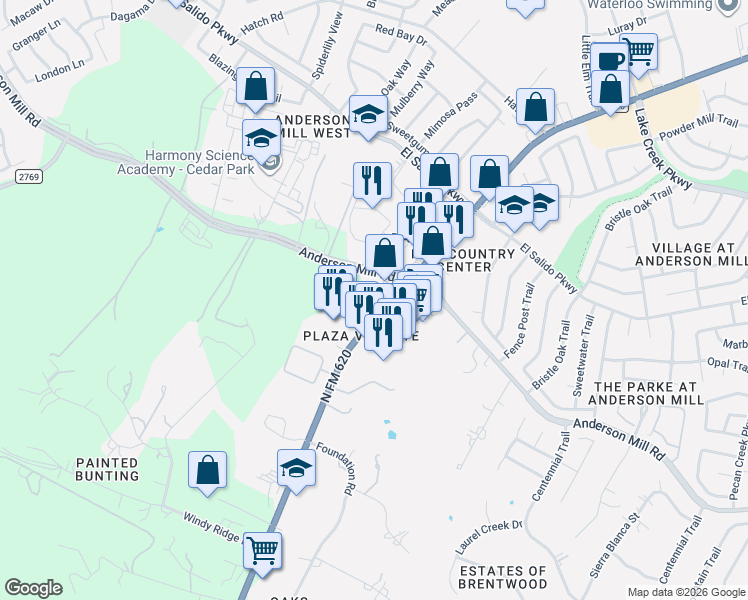 map of restaurants, bars, coffee shops, grocery stores, and more near 11506 North FM 620 in Austin
