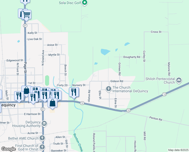 map of restaurants, bars, coffee shops, grocery stores, and more near 320 Red Baggett Rd in DeQuincy