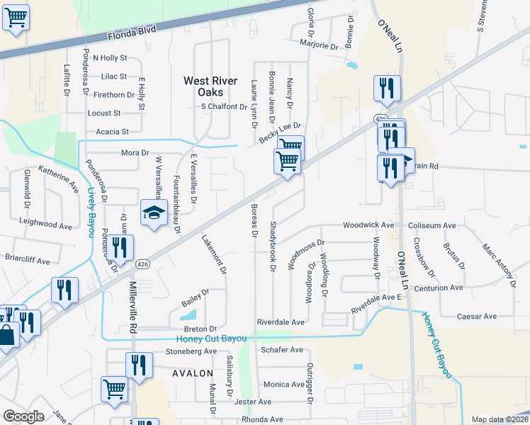 map of restaurants, bars, coffee shops, grocery stores, and more near 1041 Boreas Drive in Baton Rouge