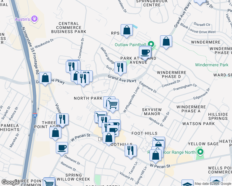 map of restaurants, bars, coffee shops, grocery stores, and more near 16101 White River Boulevard in Pflugerville