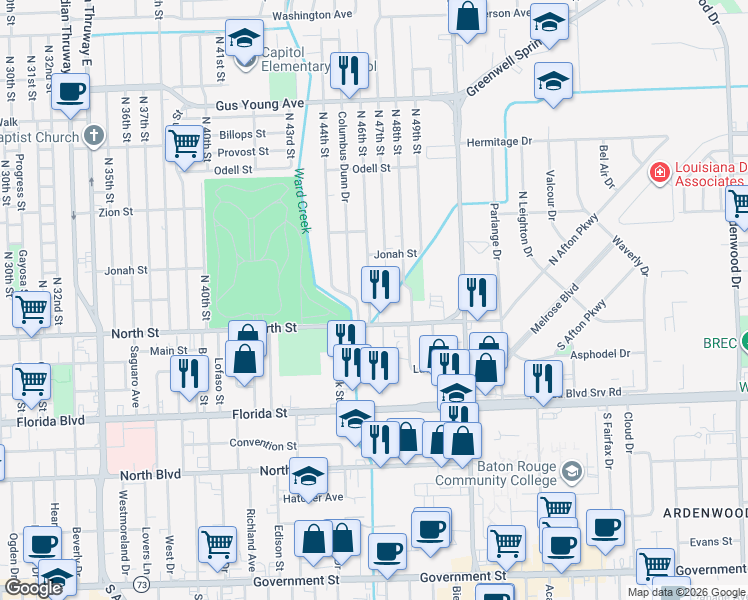 map of restaurants, bars, coffee shops, grocery stores, and more near 672 North 46th Street in Baton Rouge