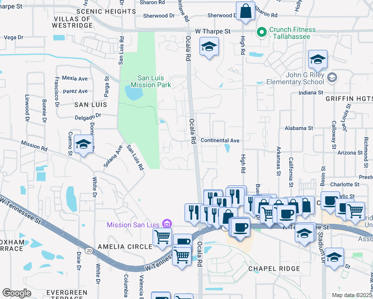 map of restaurants, bars, coffee shops, grocery stores, and more near 1229 Continental Court in Tallahassee