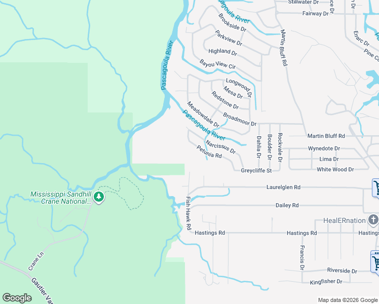 map of restaurants, bars, coffee shops, grocery stores, and more near 7895 Petunia Road in Gautier