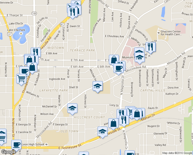 map of restaurants, bars, coffee shops, grocery stores, and more near 1133 Mitchell Avenue in Tallahassee