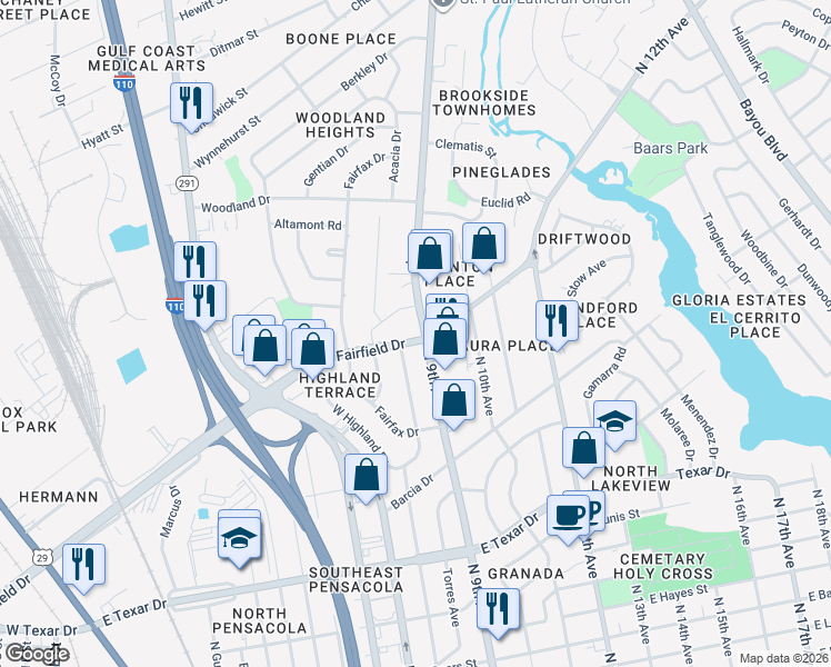 map of restaurants, bars, coffee shops, grocery stores, and more near 3927 North 9th Avenue in Pensacola