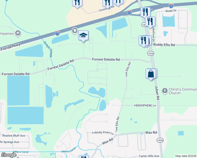 map of restaurants, bars, coffee shops, grocery stores, and more near 9980 Ashby Ln in Denham Springs