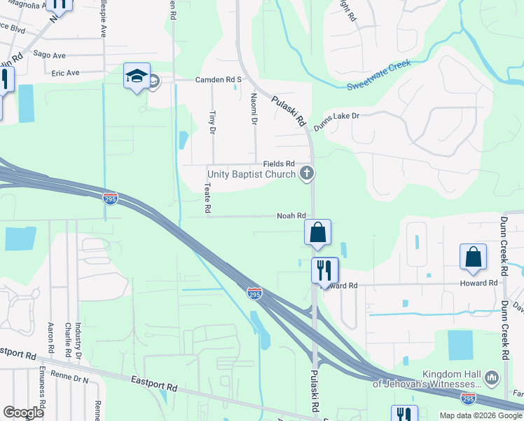 map of restaurants, bars, coffee shops, grocery stores, and more near 1039 Noah Road in Jacksonville