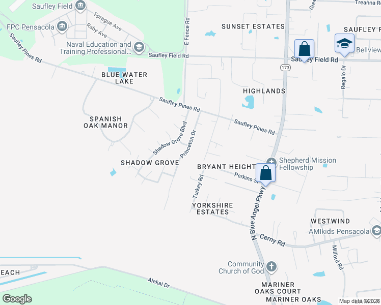 map of restaurants, bars, coffee shops, grocery stores, and more near 5842 Princeton Drive in Pensacola