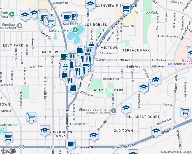 map of restaurants, bars, coffee shops, grocery stores, and more near 418 Ingleside Avenue in Tallahassee
