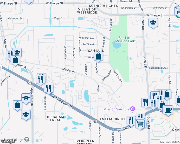 map of restaurants, bars, coffee shops, grocery stores, and more near 1104 Missionwood Lane in Tallahassee