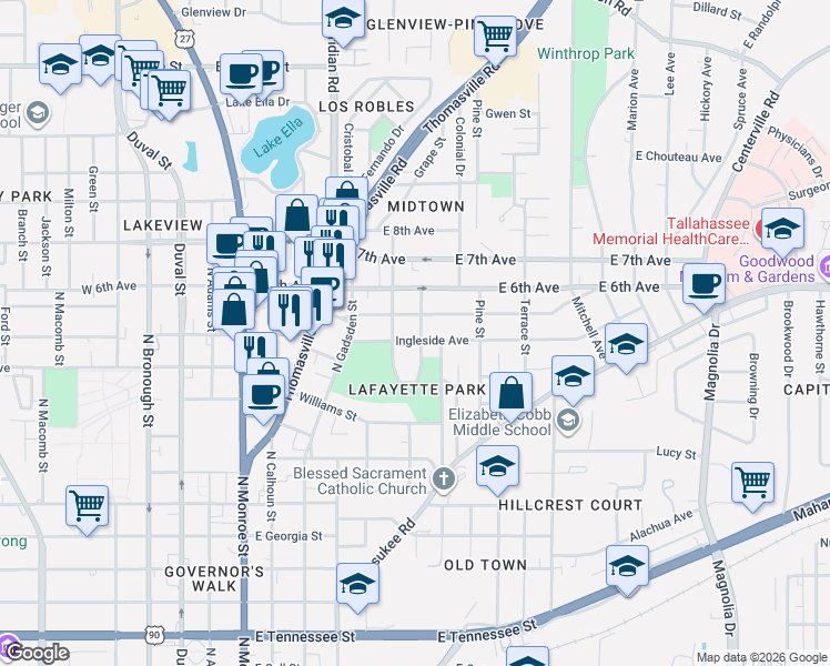 map of restaurants, bars, coffee shops, grocery stores, and more near 1121 Cherry Street in Tallahassee