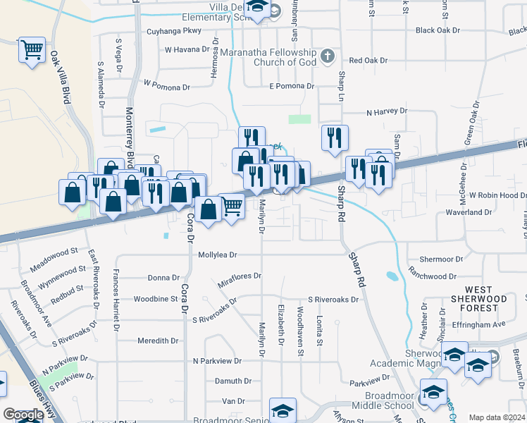 map of restaurants, bars, coffee shops, grocery stores, and more near 155 Marilyn Drive in Baton Rouge